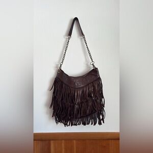 Fringe Leather Shoulder Bag by Marta Ponti- Brown